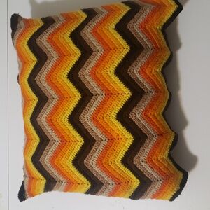 18x15 inch hand knitted pillow, browns and oranges , zigzag design